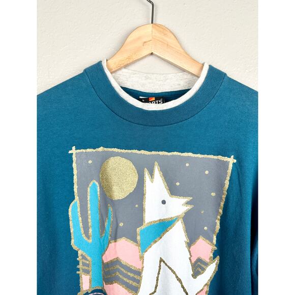 Vintage 90s North Dakota Wolf Cactus Moon Graphic Tee T Shirt Crewneck Top L - Picture 2 of 14